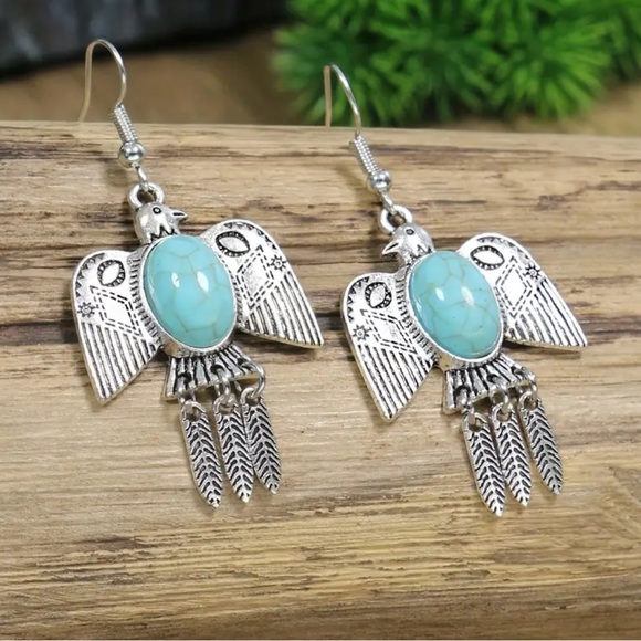 Turquoise Stone Feather Silver Bird Earrings - Picture 8 of 16